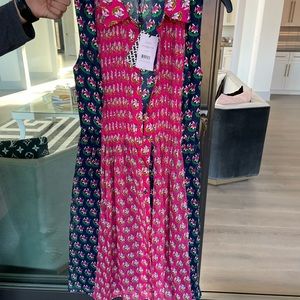 DiVF Navy Blue and Hot Pink Floral Silk Dress 0